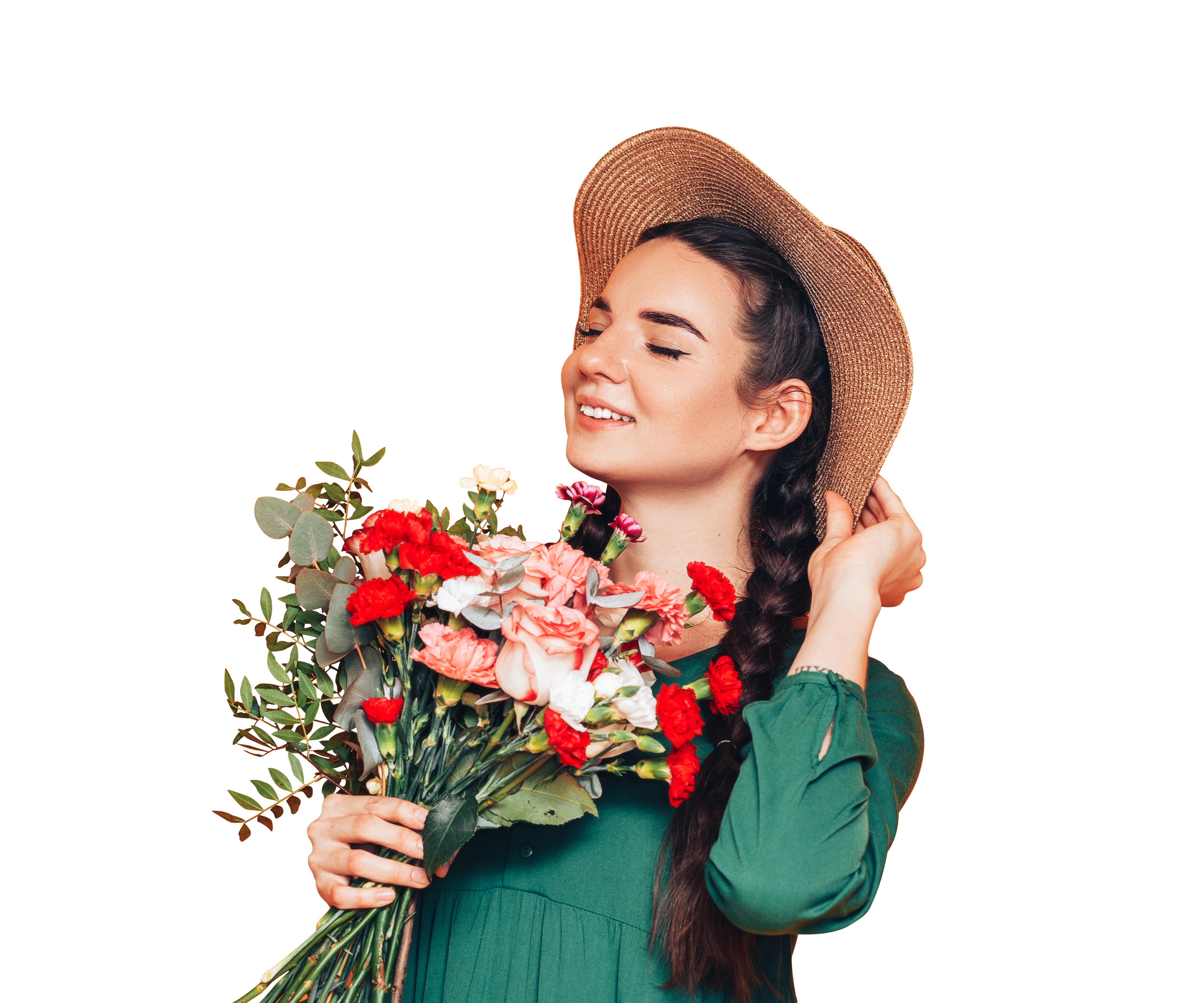 A girl in emerald holding beautiful flower
