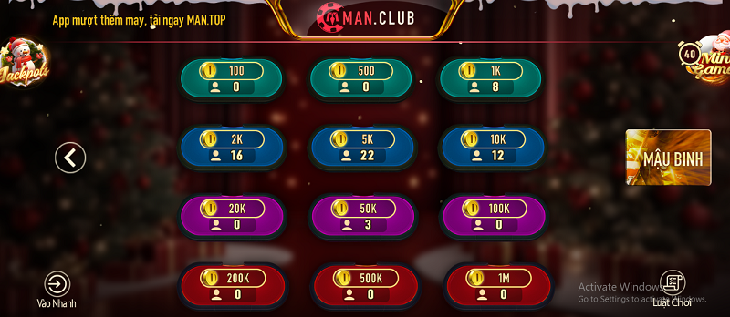 Để chơi mậu binh ManClub, người chơi cần chọn bàn cược hợp lý